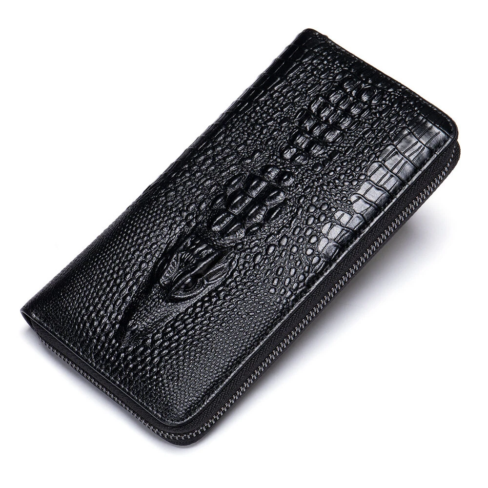 (image for) Ekphero Crocodile Print Men's Genuine Leather Wallet RFID Blocking Long Card Holder Purse Multi Card Slots Card Case Vintage Money Clip
